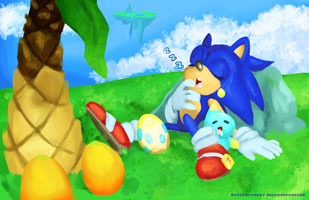 Sonic sleeping in the Chao garden, by SuperSparkey